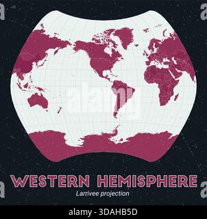 Western Hemisphere. World map. Larrivee projection centered to Western Hemisphere. Pale Mint Dark Pink palette. Vintage texture. Stock Vector