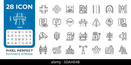 Road infrastructure pixel perfect line icons set Stock Vector