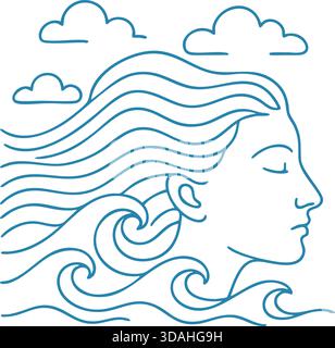 Profile of a serene face blowing wind above stylized ocean waves. Stock Vector