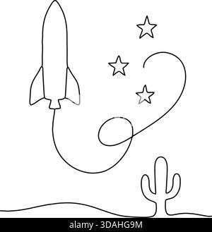 Simple line art rocket arcing among stars over a desert scene. Stock Vector