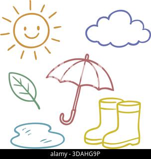 Cheerful weather icons showing sun cloud umbrella boots leaf and puddle. Stock Vector