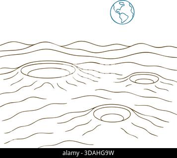 Minimal landscape of rippled waves with a tiny planet rising on the horizon. Stock Vector