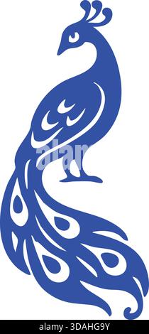 Stylized blue peacock standing proudly with patterned tail feathers. Stock Vector