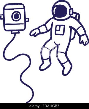 Two astronauts floating with a safety line in open space. Stock Vector