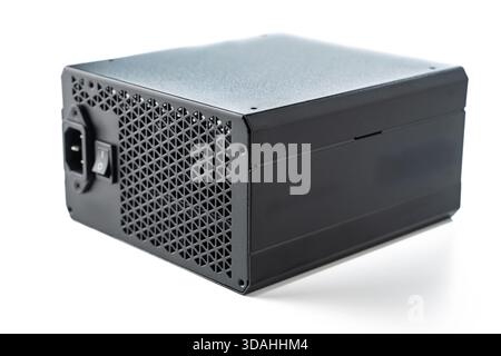Computer Power Supply Unit Isolated on White Background, Modern Component for PC Building Stock Photo