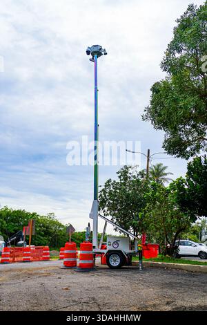 Mobile surveillance tower on trailer on Punta Higüero in Rincón on the west coast of Puerto Rico Stock Photo