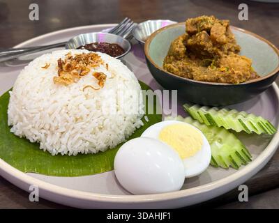 A beautifully plated Nasi Lemak featuring fragrant rice on banana leaf, beef rendang, sambal, egg, cucumber, anchovies, and peanuts—an iconic Malaysia Stock Photo