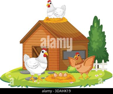 Three chickens and eggs near a wooden coop, bright colors, cartoon vector style, outdoor setting Stock Vector