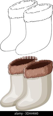 Vector illustration of traditional Russian felt boots with fur trim, shown in both outline and colored versions, using soft neutral tones and clean li Stock Vector