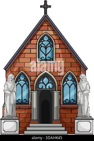 Vector illustration of small gothic brick chapel with stained glass windows and entrance statues Stock Vector