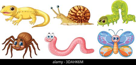 Vibrant vector illustration of various cartoon insects and reptiles with playful expressions and bright colors Stock Vector