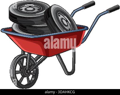Vector illustration of red wheelbarrow loaded with three black car tires, isolated on white background Stock Vector