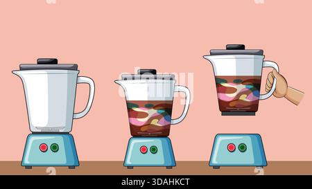 Vector illustration of three blenders on a kitchen counter, one being lifted by a hand, filled with vibrant, abstract ingredients. Flat cartoon style Stock Vector