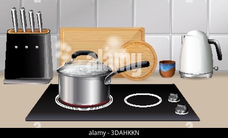 Stainless steel pot boiling on electric hotplate, kitchen utensils and appliances, realistic vector style Stock Vector