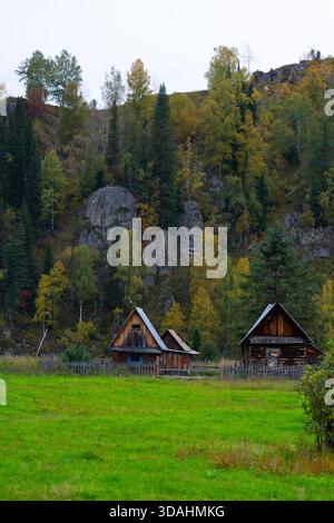 Two rustic wooden log cabins stand in a bright green grassy field below a rocky, steep hillside covered with pine and birch trees displaying autumn ye Stock Photo