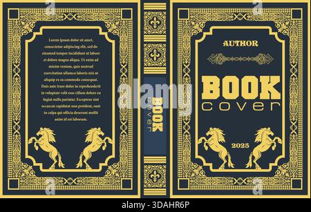 Book cover design featuring two horses rearing up on their hind legs, set against a backdrop of intricate gold borders and patterns. Hand drawn illust Stock Vector