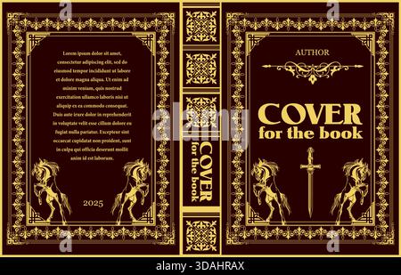 Elegant book cover design featuring golden illustrations of horses and a sword on a maroon background. Hand drawn illustration Stock Vector