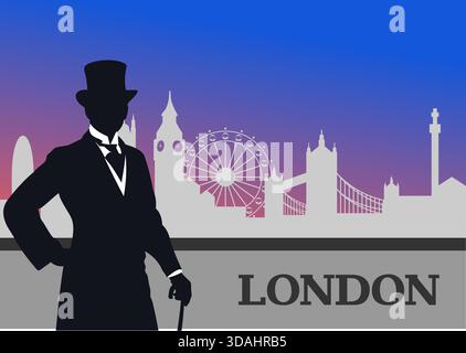 Silhouette of a victorian gentleman holding a cane with london skyline in the background. Hand drawn illustration Stock Vector