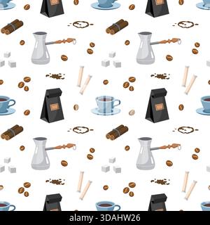 Coffee drink seamless pattern. Vector cups, coffee beans, Turkish coffee pot, cinnamon sticks, sugar, spots. Vector texture illustration Stock Vector