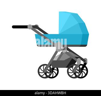 Flat design vector illustration of a modern blue baby stroller. Parenthood, childhood, and infant care concept. Isolated on white. Stock Vector
