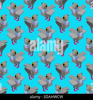 Seamless pattern featuring cartoon pigeons on a turquoise background. Repeatable vector background for city, urban, and nature themes. Stock Vector