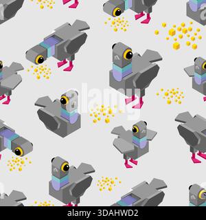 Seamless pattern featuring isometric flying pigeons. Modern vector background for city, urban, and nature-themed designs. Stock Vector