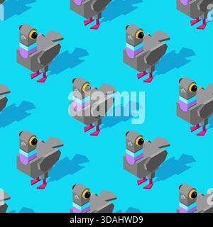 Seamless pattern featuring stylized pigeons on a bright pink/purple background. Repeatable design for city, urban, and nature themes. Stock Vector