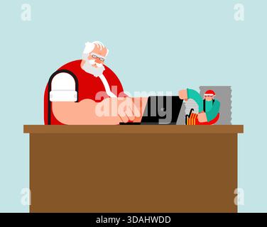 Santa Claus working remotely on a laptop at his office desk. Modern holiday work-life balance and e-commerce vector concept. Stock Vector