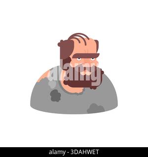 Flat design avatar of a homeless man with a big beard and worn clothing. Social issue and urban life portrait icon. Stock Vector