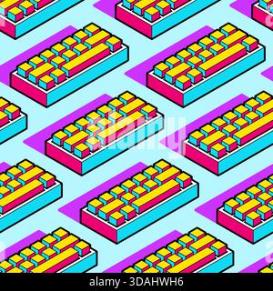 Seamless pop art pattern of isometric key rows with bold outlines and vibrant colors. Retro tech and gaming repeatable background. Stock Vector