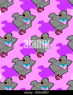 Seamless pop art pattern featuring flying pigeons with comic-style dots and bold lines. Urban nature and retro aesthetic background. Stock Vector