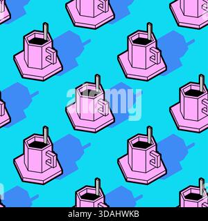 Seamless pop art pattern featuring coffee mugs with bold lines and vibrant colors on a blue background. Retro aesthetic background for cafe and bevera Stock Vector