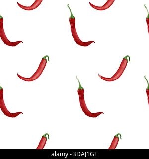 Hot chili peppers and black peppercorns. Watercolor digital illustration. Spicy vegetables, red pepper pods, seamless pattern isolated on background. Stock Photo