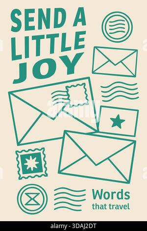 Whimsical pale card with letters envelopes stamps and phrase send a little joy words that travel. Stock Vector