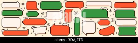 Set of Christmas pixel art empty speech bubbles. Red and green text clouds with snowy peaks and festive phrases. Stock Vector