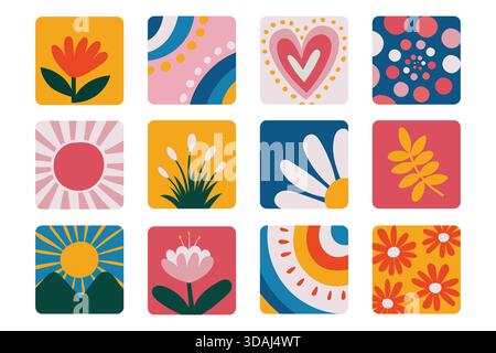 Colorful collection of twelve diverse, stylized illustrations featuring flowers, suns, hearts, and abstract patterns Stock Vector