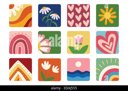 Collection of groovy retro style square illustrations depicting flowers, rainbows, hearts, and abstract nature themes Stock Vector