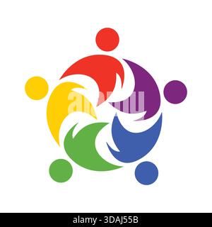 Vibrant illustration depicting five abstract colorful people forming a united circle, symbolizing teamwork and global community Stock Vector
