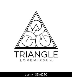 Minimalist black and white line art logo features a large triangle enclosing three intertwined geometric shapes, perfect for branding Stock Vector