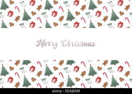 Christmas design with Merry Christmas text on white banner. Surrounded by festive pattern of trees, candy canes, gingerbread cookies, stockings Stock Vector