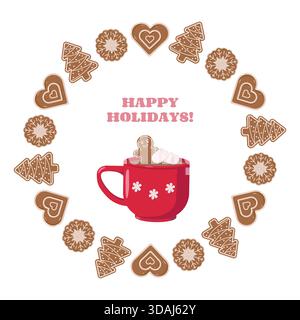 Holiday illustration with red mug of cocoa, marshmallows, and gingerbread cookie. Surrounded by festive cookies in heart, snowflake, and tree shapes Stock Vector