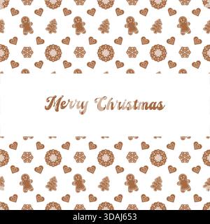 Christmas design with Merry Christmas text in brown font. Surrounded by festive gingerbread cookies in tree, heart, snowflake, and man shapes Stock Vector