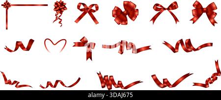 Red realistic bow. Ribbon collection. Holiday gift decoration, Valentine present, Christmas present tape knot, shiny sale ribbons set. Vector Stock Vector