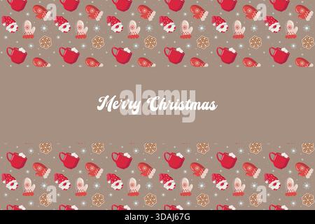 Christmas design with Merry Christmas text on brown background. Surrounded by festive pattern of mugs, mittens, Santa hats, cookies, and snowflakes Stock Vector