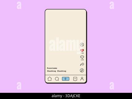 Vertical video app interface in retro vaporwave style. Mobile screen layout with avatar, likes, comments, share icons, and video player elements. Flat Stock Vector