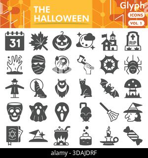 Halloween symbols collection or sketches. Party bar theme icons in glyph style signs for web and app. Vector graphics isolated on white background Stock Vector