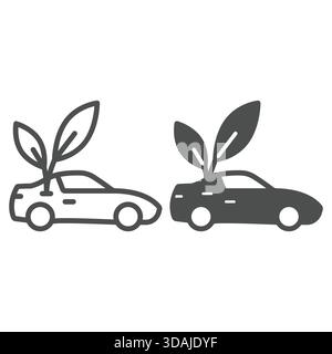 Electric car and green leaf line and solid icon, Eco car energy concept. Vector graphics. Automobile race car sign on white background, outline style Stock Vector