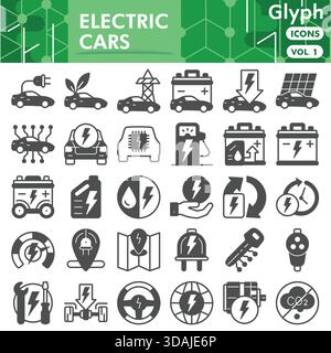 Electric car symbols collection or sketches. EV energy bar theme icons in glyph style signs for web and app. Vector graphics isolated on white backgro Stock Vector