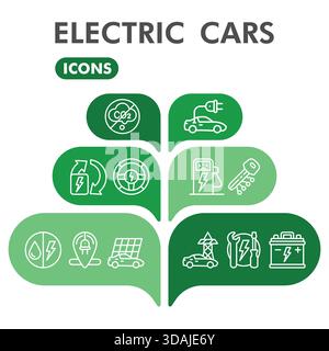 Collection of electric car icons examples. Theme bubbles in glyph style for web and app use electric energy. Isolated vector illustrations on white ba Stock Vector