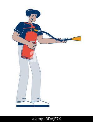 Anxious hispanic man using fire extinguisher 2D doodle character Stock Vector